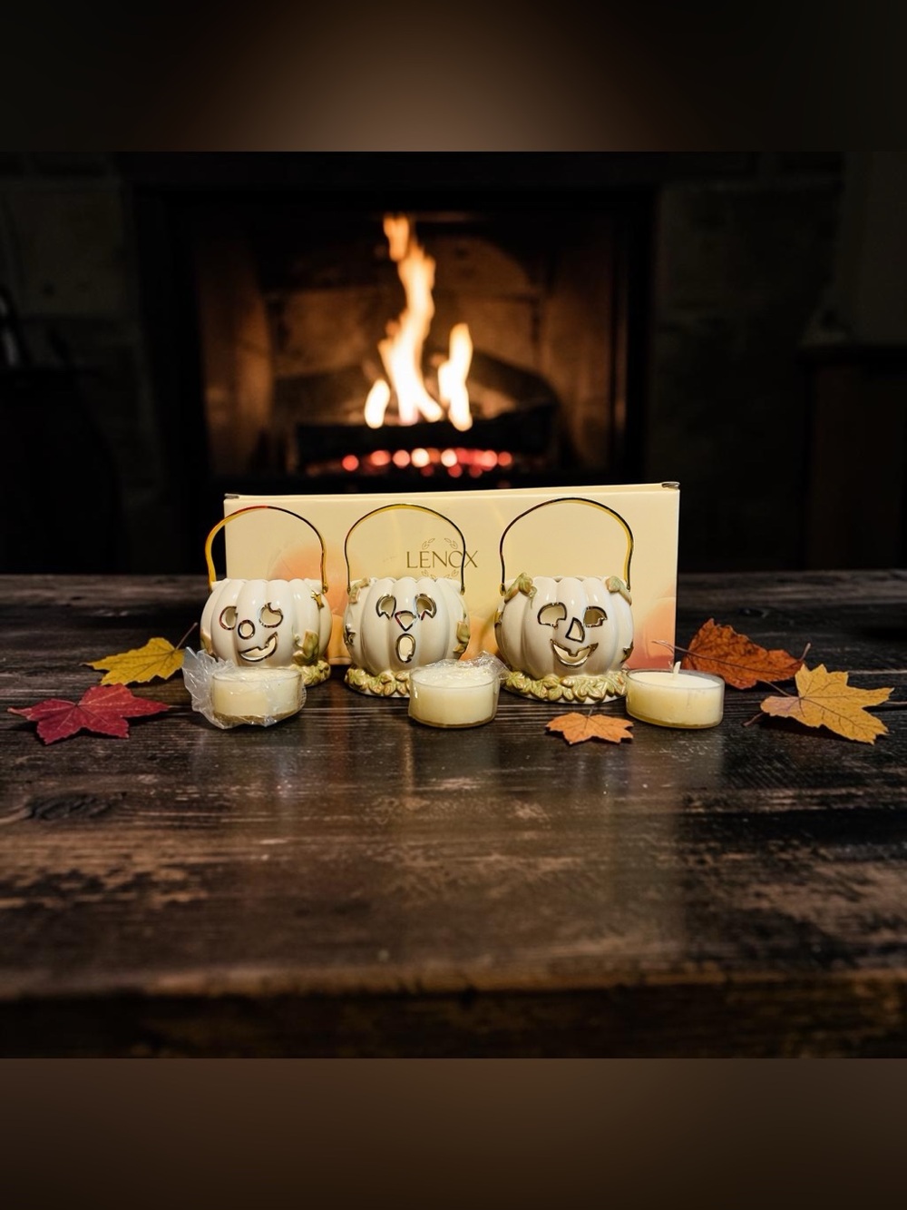 Lenox Porcelain Jack-O'-Lantern Tea Light Holders with 24K Gold Accents